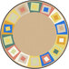 A circular rug with colorful squares and a circle.