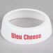 A white plastic Tablecraft salad dressing dispenser collar with maroon text that says "Bleu Cheese"