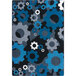 A blue rectangular area rug with black and white gears on it.