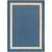 A blue rectangular rug with a beige border.