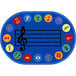 A multicolored oval area rug with a blue background featuring music notes and colorful circles, with a yellow music note in a red circle.