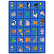 A white rectangle area rug with blue borders and animals on it.