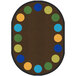 A brown oval area rug with multicolored circles.