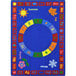 A white rectangular area rug with colorful circles, letters, and numbers.