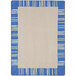 A white and blue rug with blue and yellow stripes.