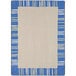 A white rectangular rug with blue and yellow stripes and a blue border.