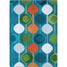 A close-up of a Joy Carpets rectangular area rug with a colorful pattern of circles and dots.