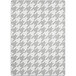 A grey and white houndstooth rug with a white border.