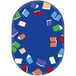 A multi-colored oval rug with books on it.