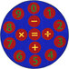A multicolored circular area rug with numbers and symbols in white and red.