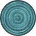 A teal circular rug with a spiral pattern.