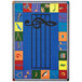 A multicolored rectangular area rug with musical symbols including a treble clef.