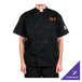 A man wearing a black Chef Revival short sleeve jacket with a knife on his shoulder.