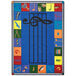 A multicolored rectangular area rug with musical symbols including a treble clef.