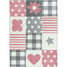 A pink and grey rectangular area rug with different patterns including hearts and flowers.