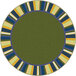 A Joy Carpets Clean Green round area rug with a green circle and blue and yellow stripes.