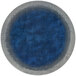 A round white rug with a blue and grey circle design.