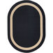 A black oval rug with a white border.