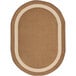 A mocha oval rug with a white border.