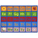 A white rectangle area rug with a colorful alphabet and numbers.