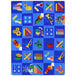 A multicolored rectangular area rug with various school and science symbols in blue, white, red, and yellow.