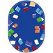 A multi-colored oval rug with blue and green books on it.