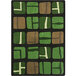 A close-up of a Joy Carpets meadow area rug with green and brown squares.