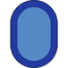 A blue oval rug with a white border.