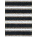 A close-up of a black and white striped Joy Carpets area rug with a white border.