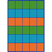 A multicolored rectangular area rug with green, blue, and orange squares in different colors.