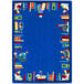 A multi-colored rectangular area rug with a picture of books on it.