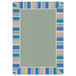 A Joy Carpets rectangular area rug with a white background and blue, green, and yellow border.