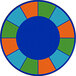 A multicolored circular area rug with blue and orange squares.