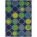 A navy rectangle area rug with blue, green, and yellow circles and grey and white accents.