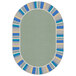 An oval sage green area rug with a border and blue, green, and yellow stripes.