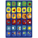 A blue rug with colorful squares and symbols on a white background.