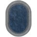 A white oval rug with a blue and grey design.