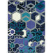 A violet rectangular area rug with blue and white hexagons and squares.