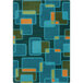 A blue and orange rectangular area rug with geometric shapes in green and blue.