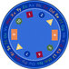 A multi-colored round rug with colorful letters and numbers on a blue background.