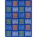 A multicolored rectangular area rug with blue, orange, and green lines.