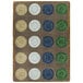 A multicolored rectangular area rug with circles in brown, green, and blue.