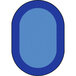 A blue oval shaped rug with a white border.