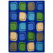 A blue rectangular area rug with squares in different colors.
