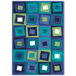 A close-up of a Joy Carpets violet rectangular area rug with squares in blue, green, and white.