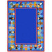 A blue rectangular area rug with cartoon characters of children from different cultures on it.