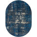 A close-up of a blue and white Joy Carpets Kid Essentials Terra Mae Marine oval area rug with a distressed look.