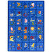 A white rectangle area rug with blue letters, numbers, and cartoon animals.