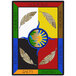 A multicolored rectangular area rug with the words "peace," "unity," and "unity" in colorful text and feathers.