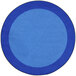 A blue circle rug with a white border.